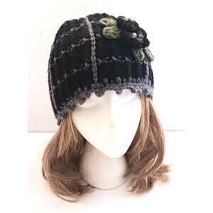 Knit Beanie Blk Gray Windowpane 3D Knit Flower w Pearl Center O/S Stretch Lined